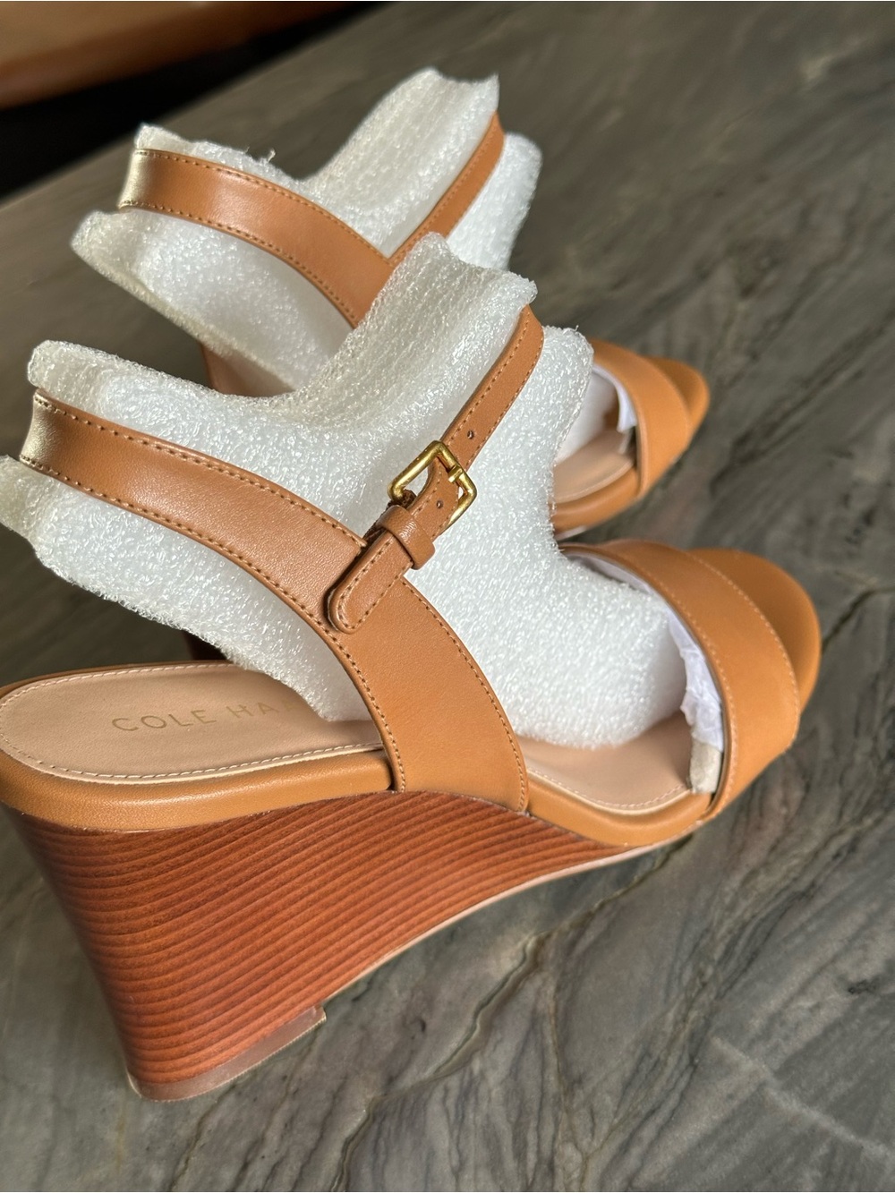 Cole Haan Tan Leather Strap Sandals with Gold Buckle - Picture 3 of 7